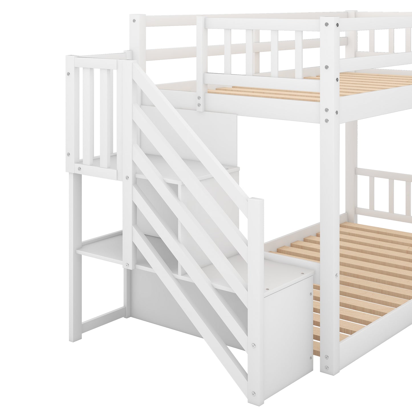 Twin over Twin Floor Bunk Bed, Ladder with Storage  White