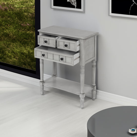 TREXM Narrow Console Desk, Thin Sofa Table with 3 Storage Drawers and Bottom Shelf, Grey Washed Finish