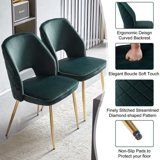 Dark Green Velvet Dining Chairs with Metal Legs and Hollow Back, Set of 4 for Modern Dining Rooms