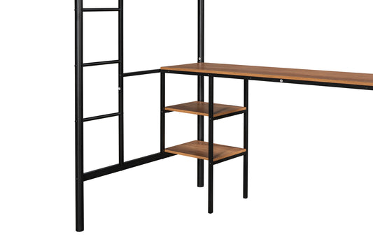 Twin loft bed with table and shelf/Heavy duty sturdy metal/Built in table and shelf/Noise reduction/Safety fence