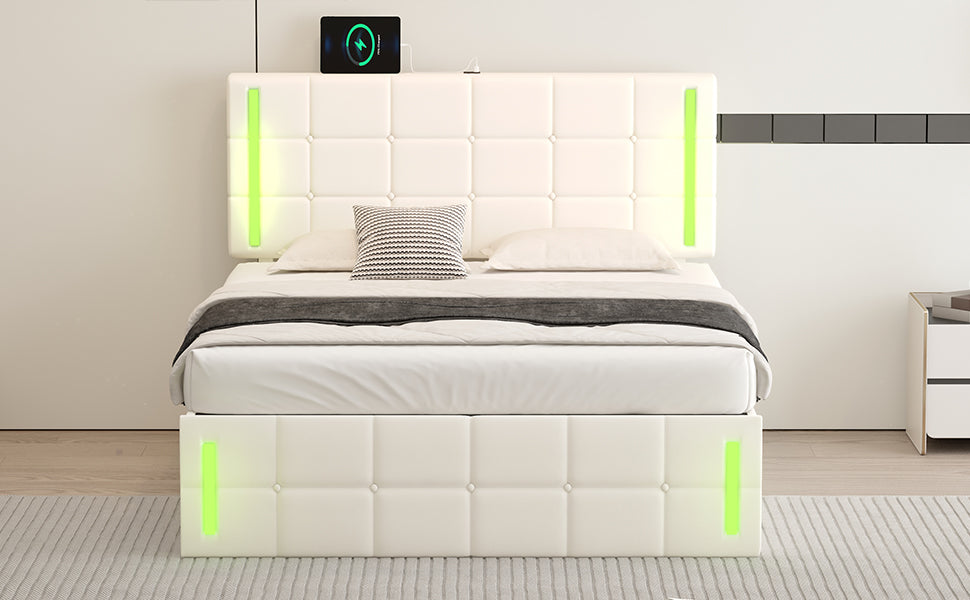 Cama tapizada de tamaño completo con luces LED, sistema de almacenamiento hidráulico y estación de carga USB, acabado blanco