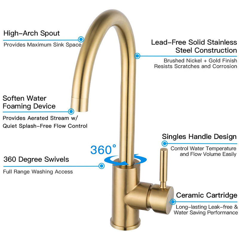 Stainless steel golden kitchen faucet, brushed gold face basin, washbasin, basin, mixed kitchen hot and cold Faucet