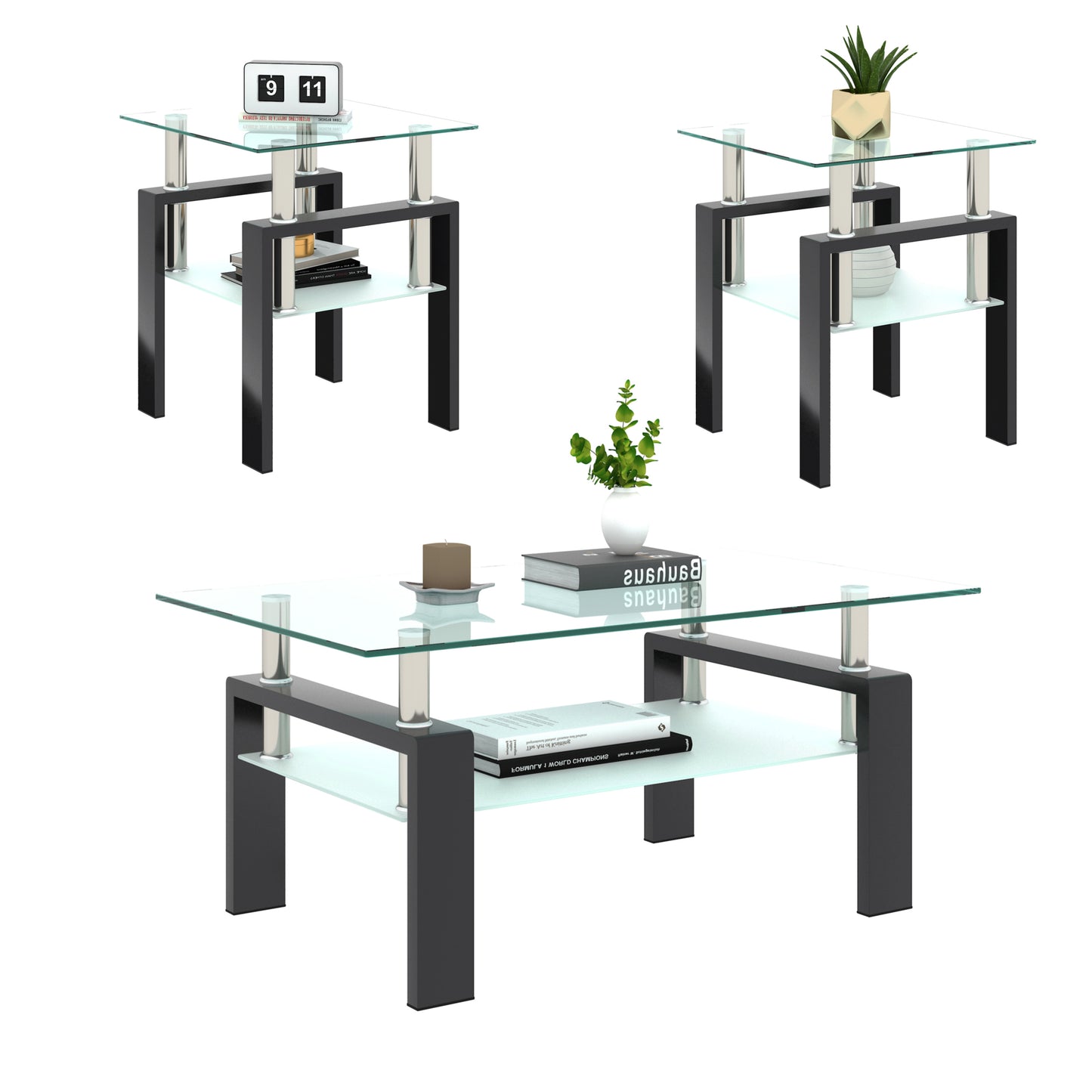 Set of 2 Modern Tempered Glass Tea Tables, Square Design for Living Rooms, Transparent/Black Finish