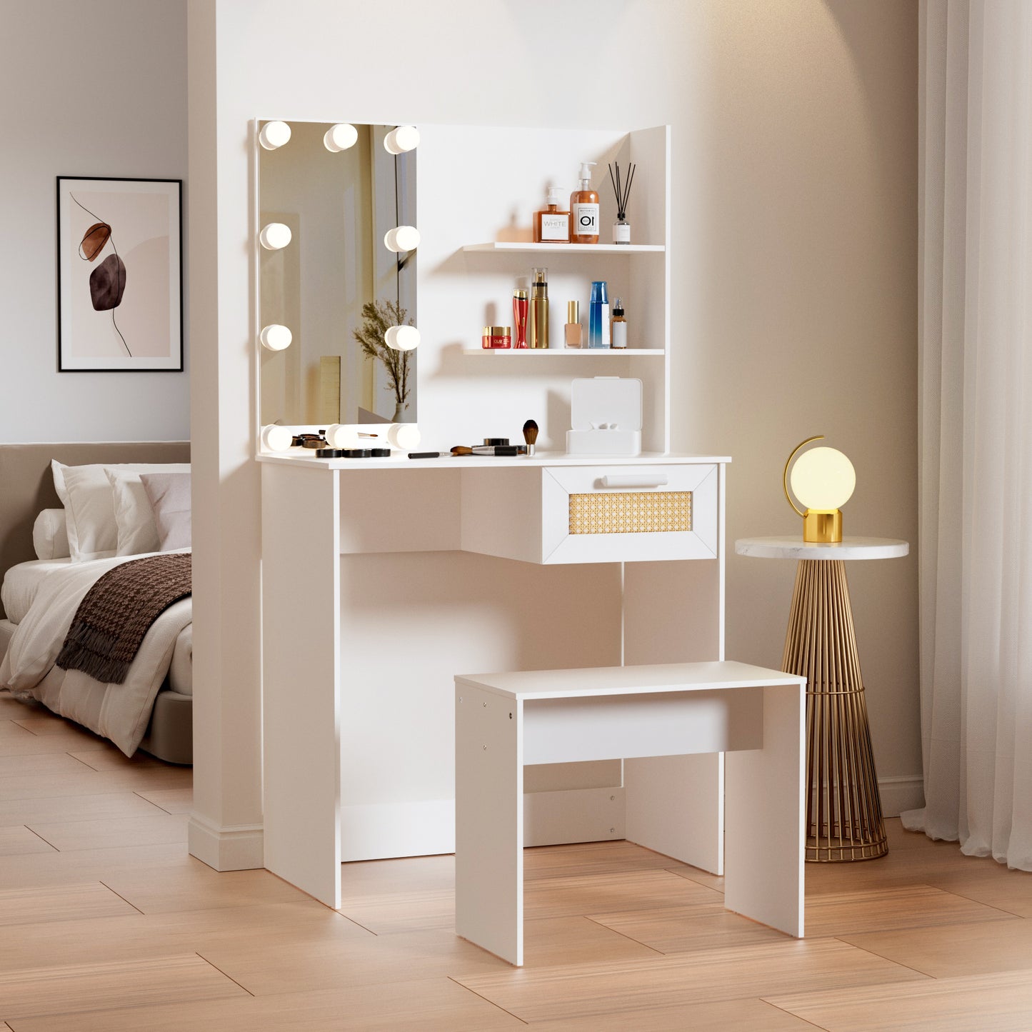 Vanity Desk Set Stool & Dressing Table with LED Lighting Mirror Drawer and Wood Cosmetic Table Chest of Drawers White Color