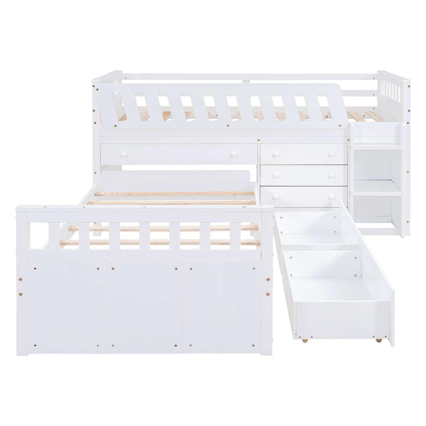 L-shaped Space-Saving Twin Loft and Twin Platform Bed with 7 Drawers and Full Guardrails(WHITE)