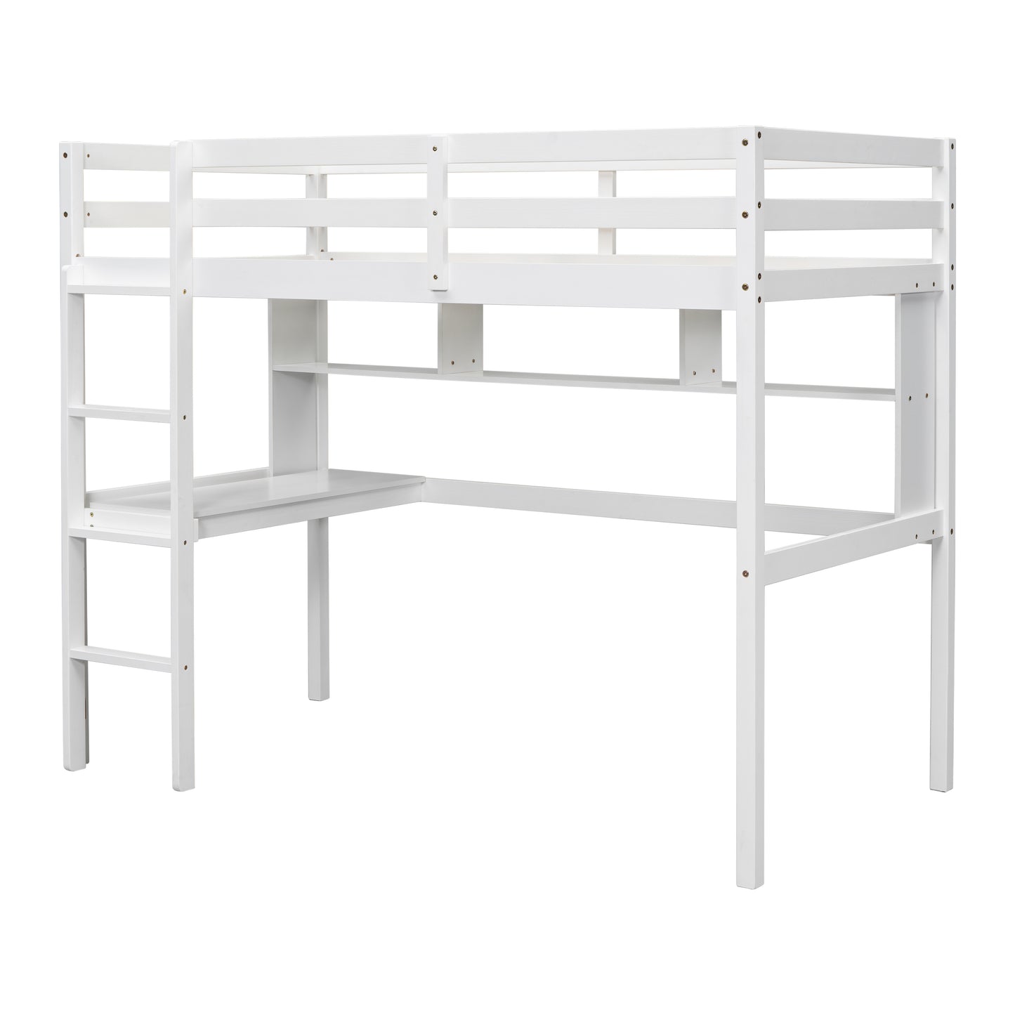 Twin Loft Bed with built-in desk and bookcase of three compartments, Guardrails and Ladder,White