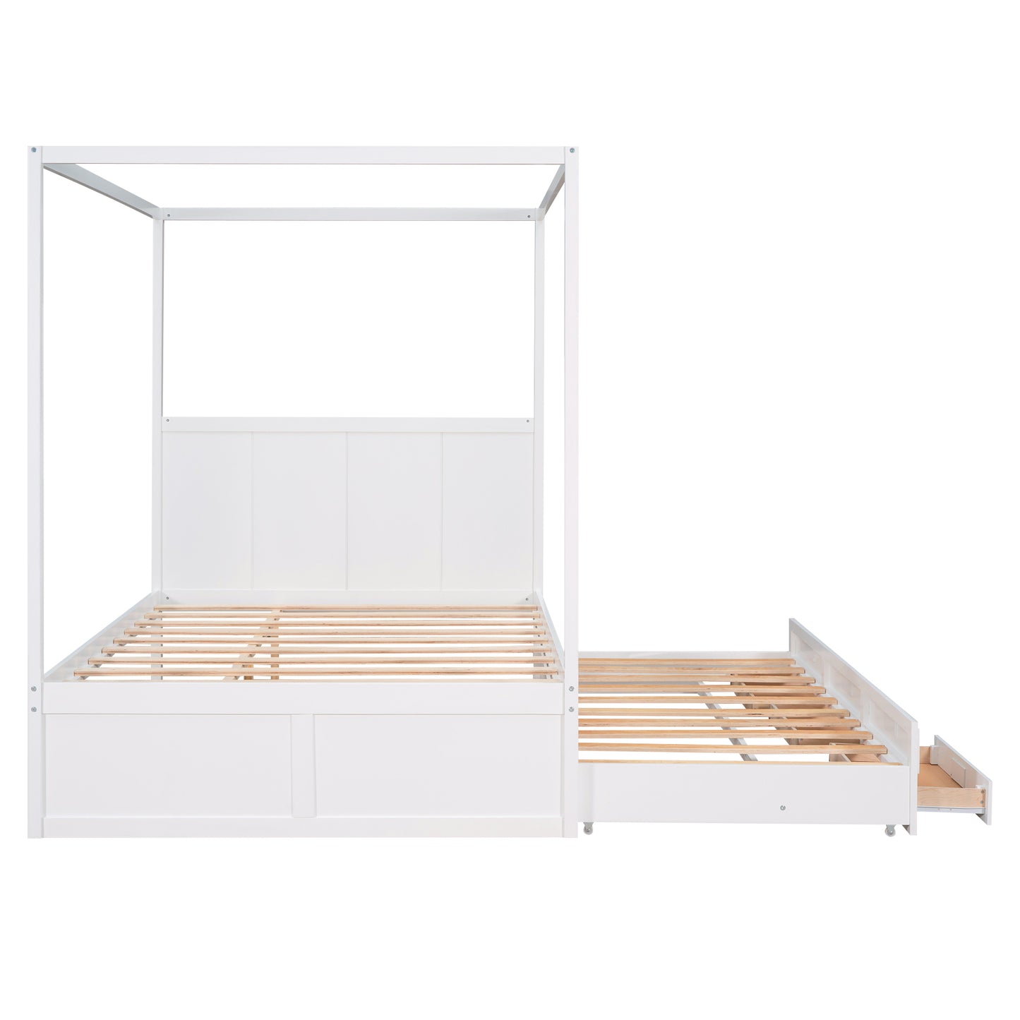 Queen Size Canopy Platform Bed with Twin Size Trundle and Three Storage Drawers White