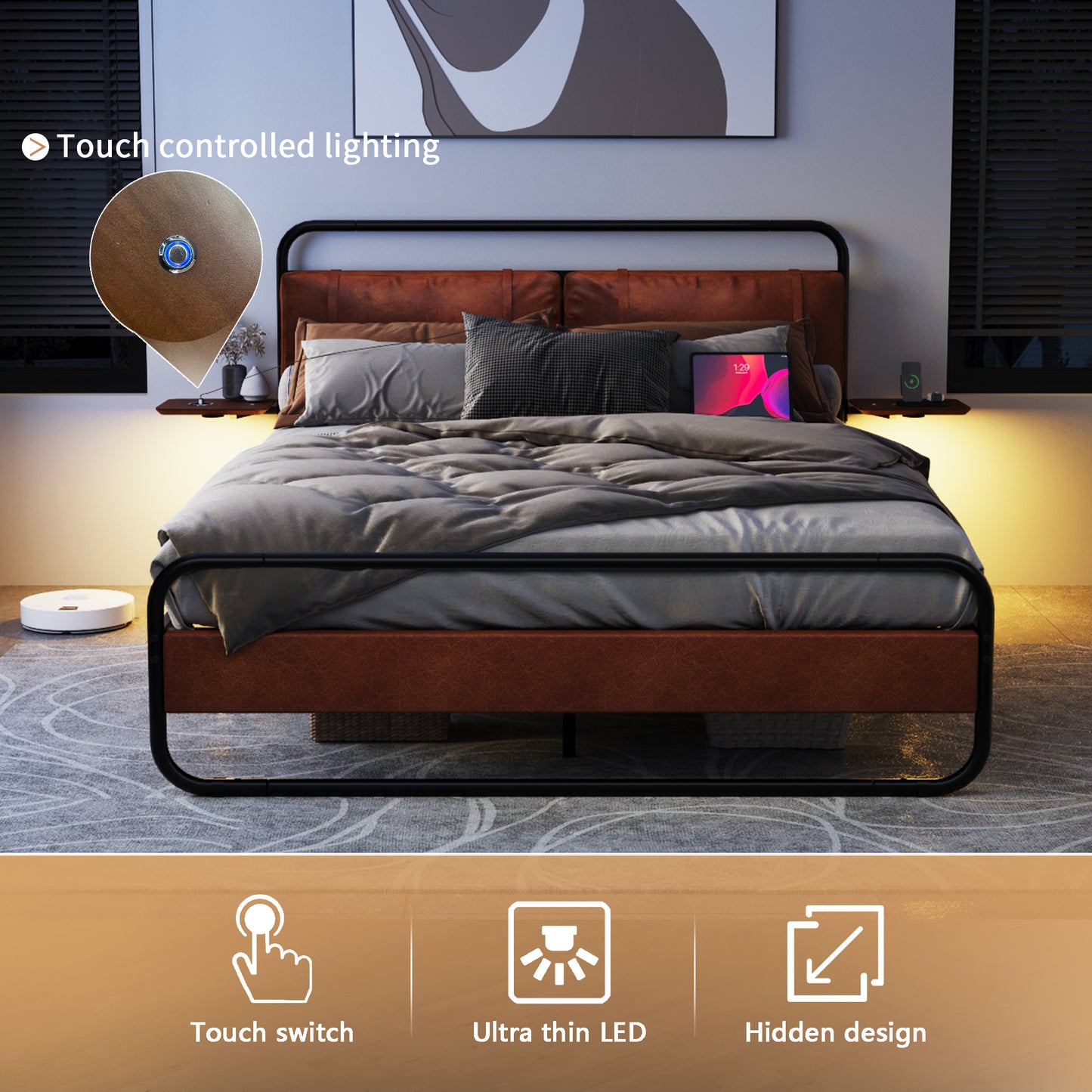 King Size Metal Bed Frame with Upholstered Headboard, with wireless charging and USB A & USB C, Touch LED light Vintage Brown