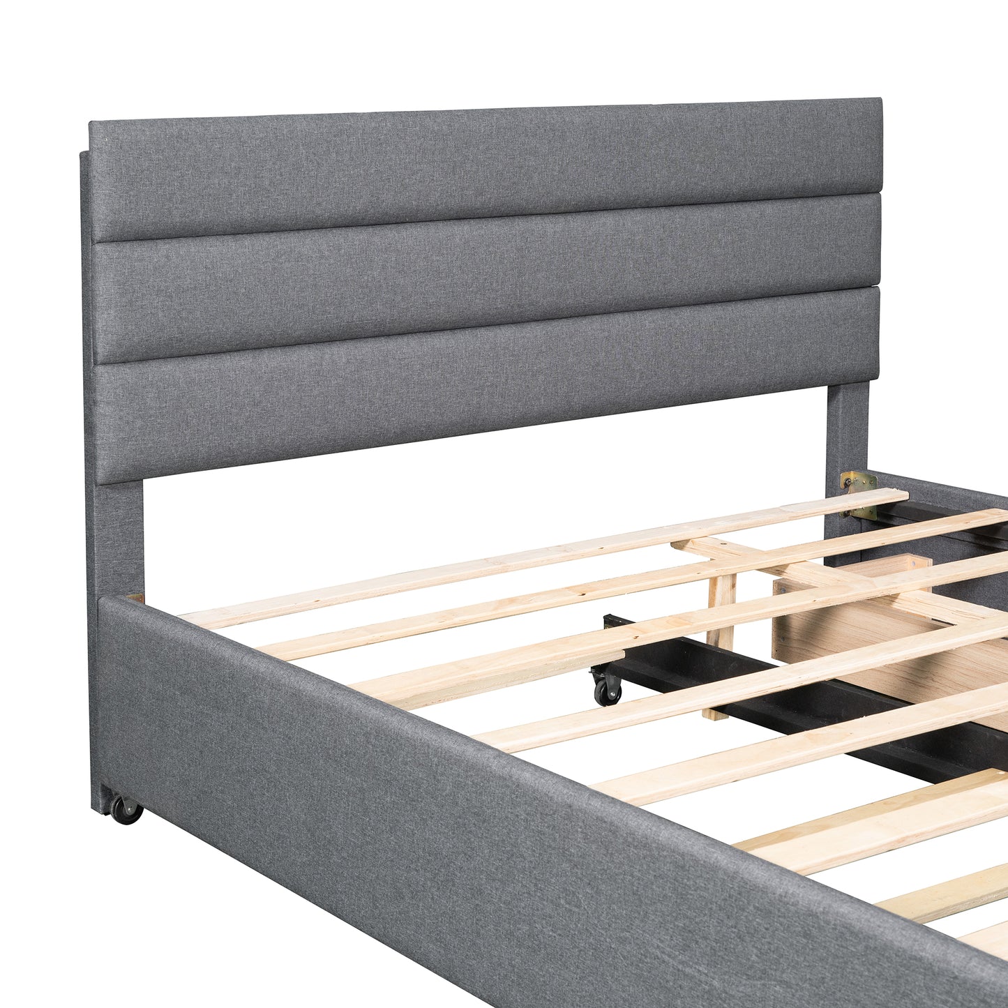 Queen Upholstered Platform Bed with Twin Size Trundle and Two Drawers Grey