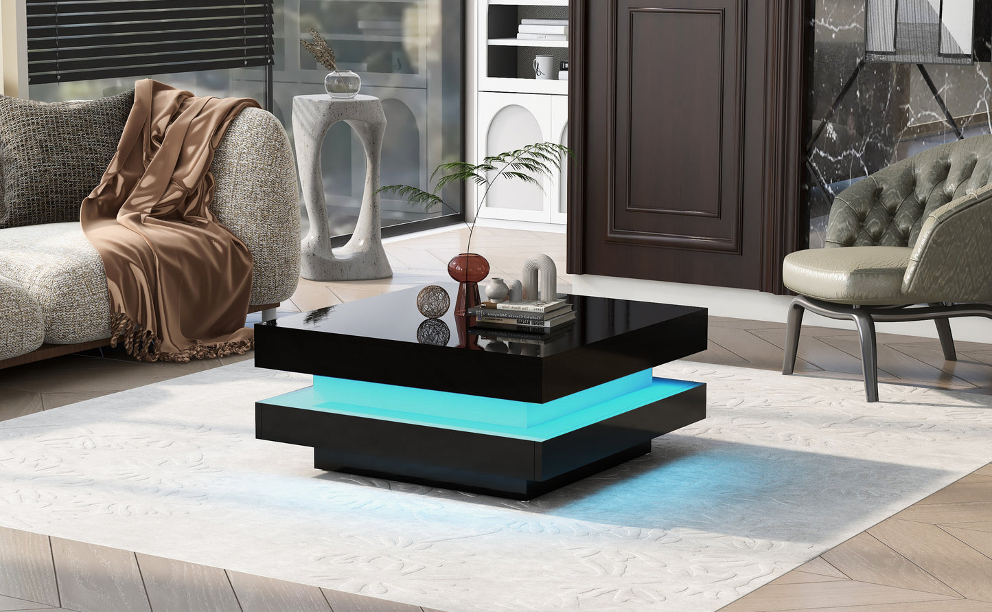 Mesa de centro minimalista cuadrada de alto brillo ON-TREND con luces LED, diseño de 2 niveles en acabado negro