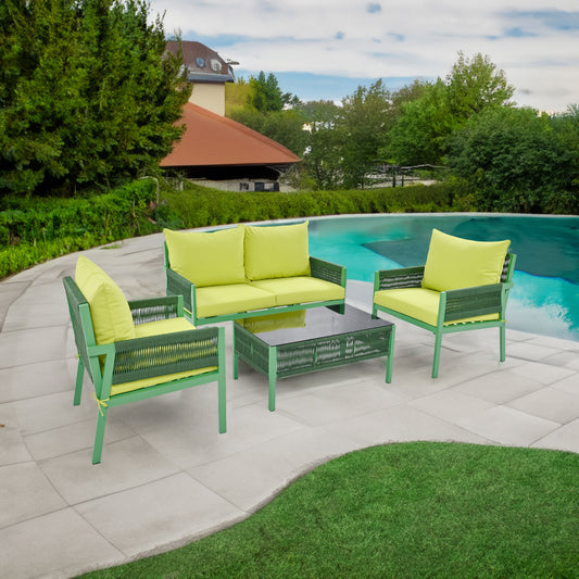 Outdoor Furniture with Tempered Glass Table, Deep Seating with Thick Cushions in Fluorescent Yellow and Green