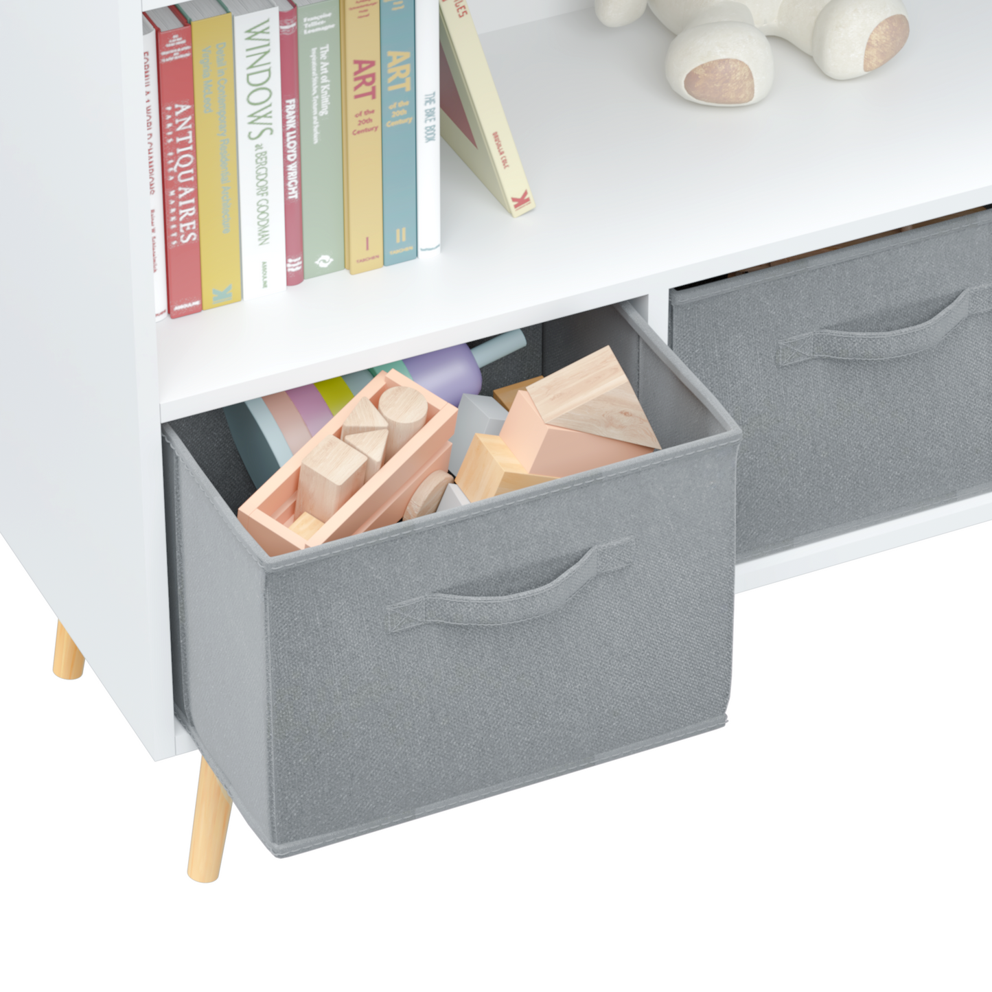 Kids bookcase with Collapsible Fabric Drawers Children's Book Display Toy Storage Cabinet Organizer White/Gray