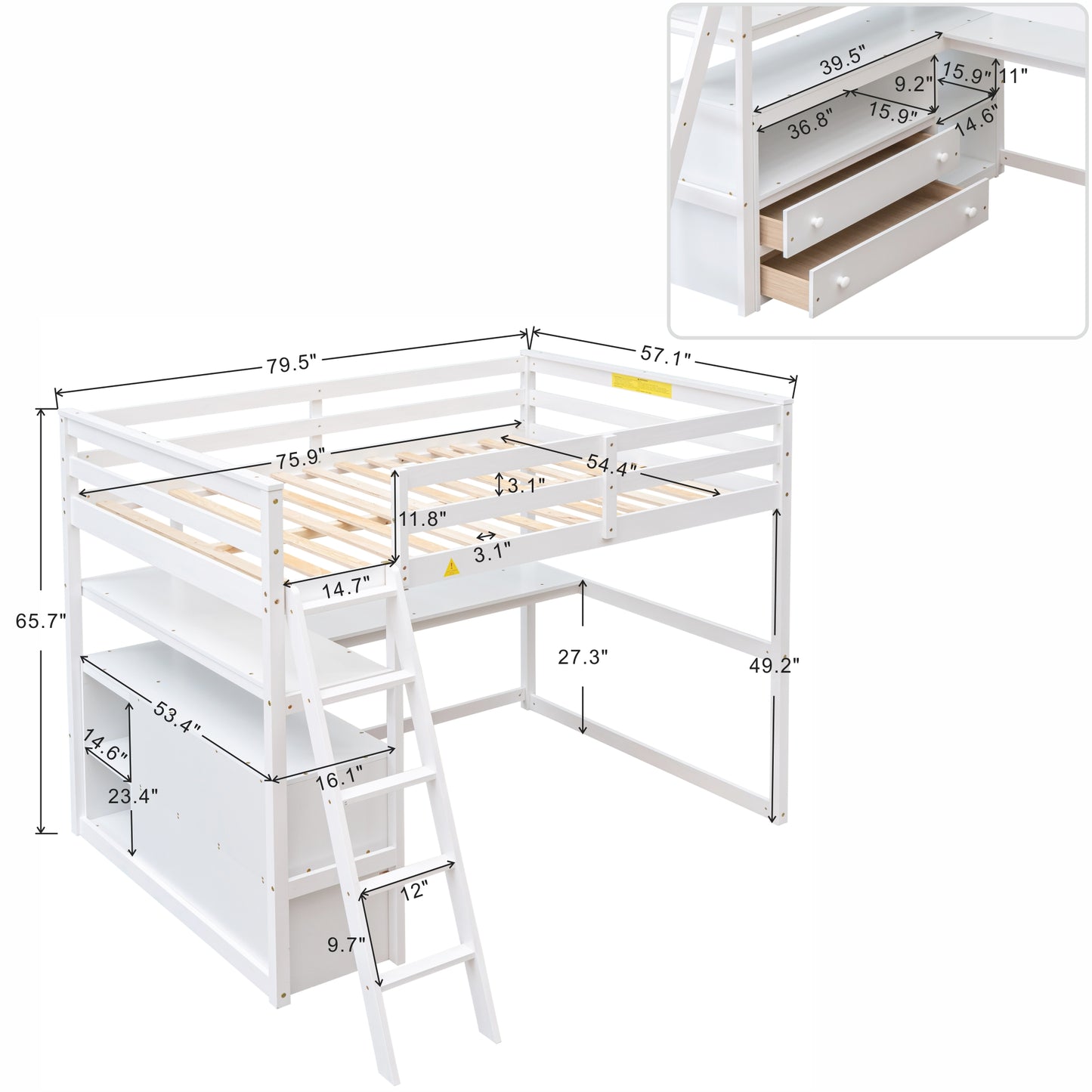 Full Size Loft Bed with Desk and Shelves,Two Built-in Drawers White