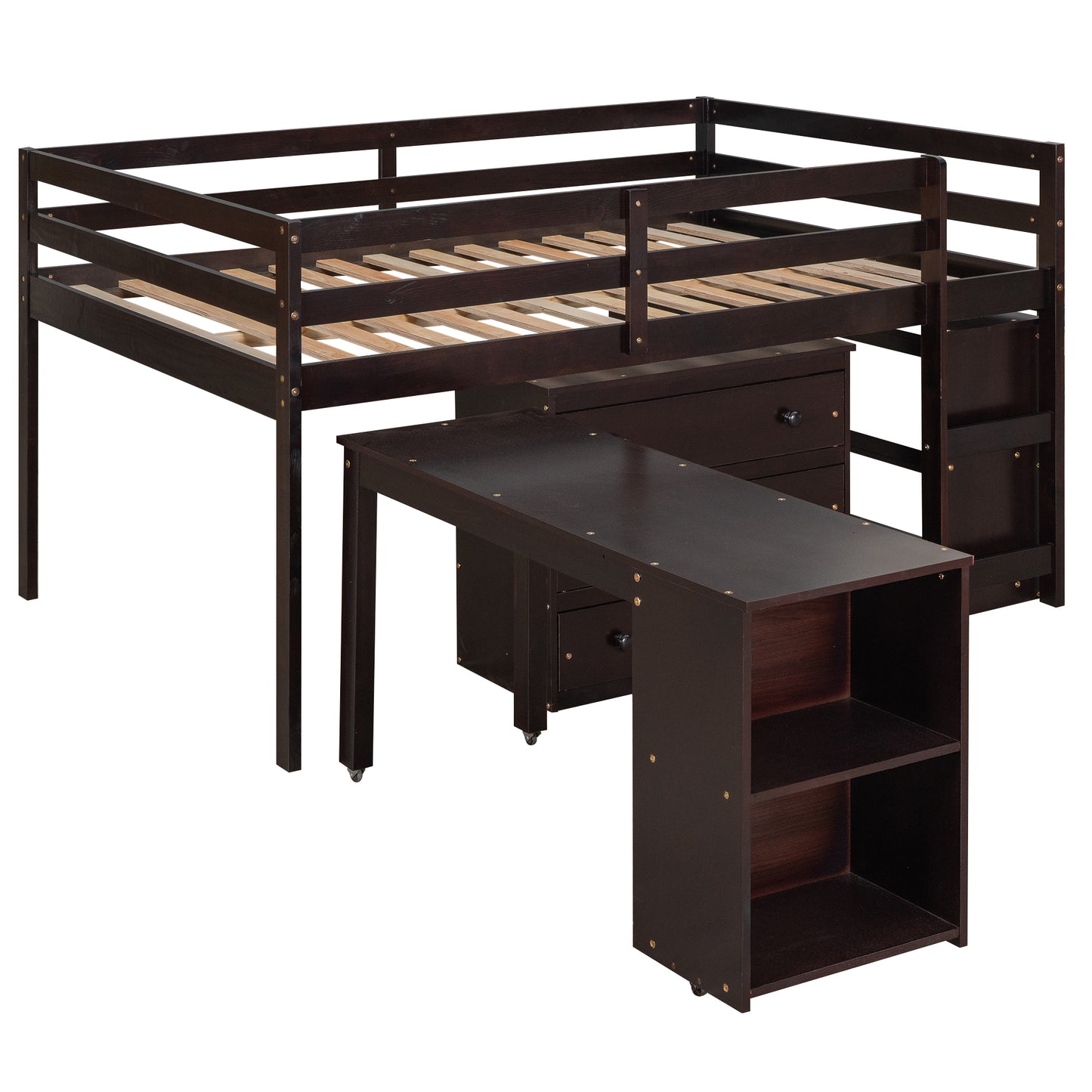 Low Study Full Loft Bed with Cabinet Shelves and Rolling Portable Desk Multiple Functions Bed- Espresso