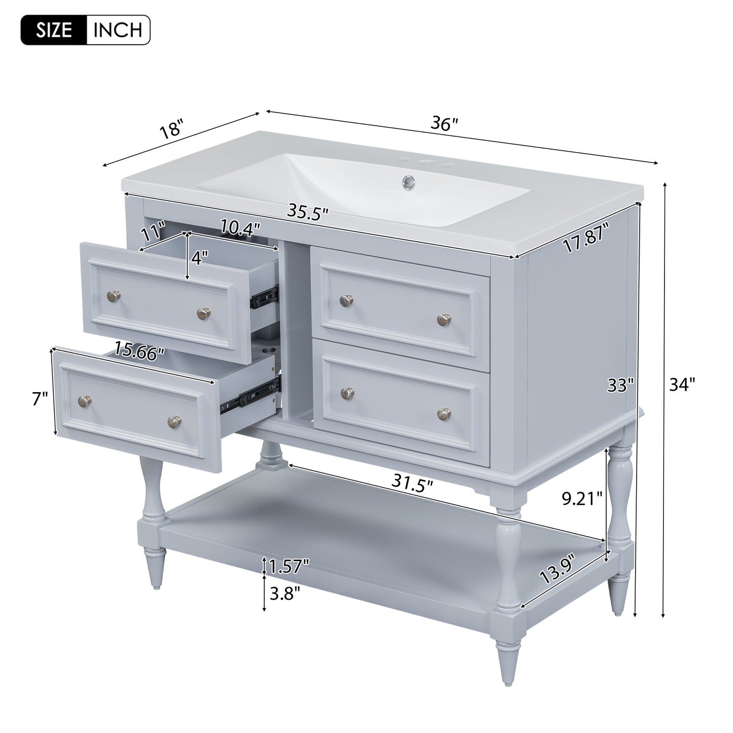 Tocador de baño de 36" con botiquín, estantes ajustables y 4 cajones, diseño moderno para almacenamiento en el baño