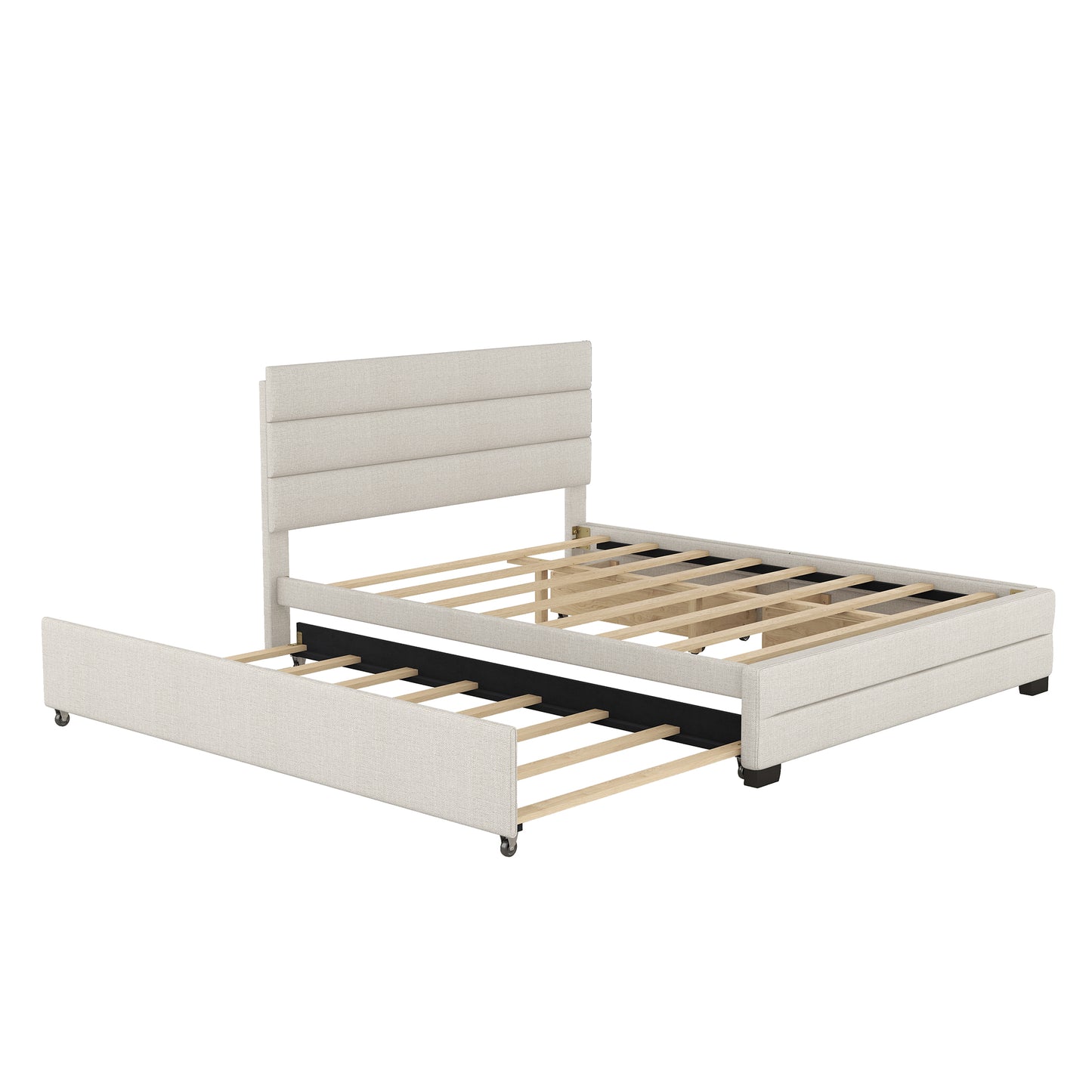 Queen Upholstered Platform Bed with Twin Size Trundle and Two Drawers  Beige