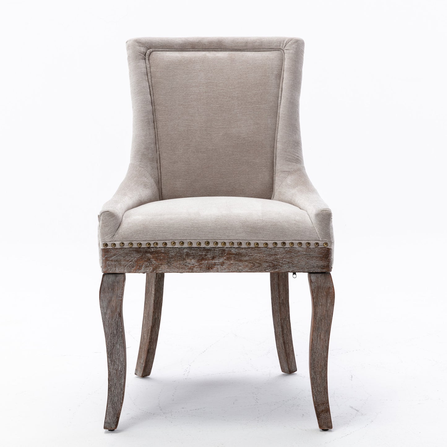 Ultra Side Dining Chair Thickened fabric chairs with neutrally toned solid wood legs  Bronze nail head Set of 2 Beige