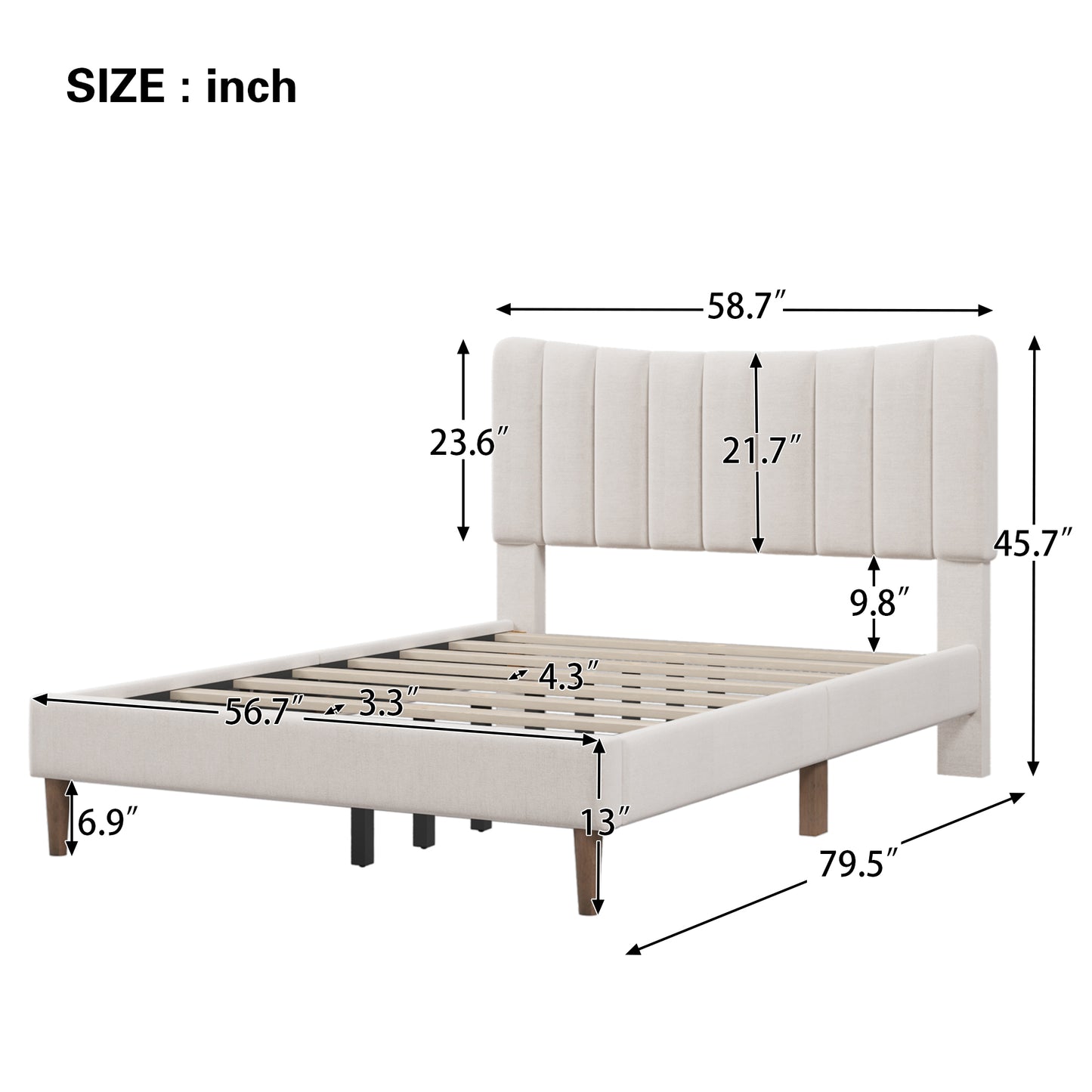 Upholstered Platform Bed Frame with Vertical Channel Tufted Headboard No Box Spring Needed  Full Cream