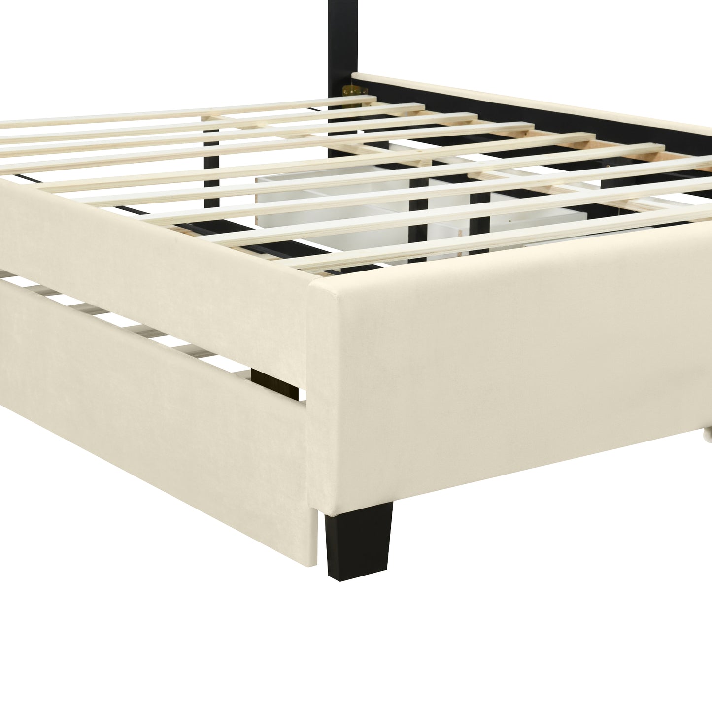 Queen Size Upholstered Platform Bed with 2 Drawers and 1 Trundle, Classic Metal Strip Headboard Design, Beige