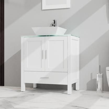 Goodyo 30" Bathroom Vanity and Sink Combo with Glass Top Cabinet and Mirror, White Finish