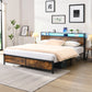 Industrial extra large bed frame with LED lights and 2 USB ports, extra large bed frame with storage space, rural brown color