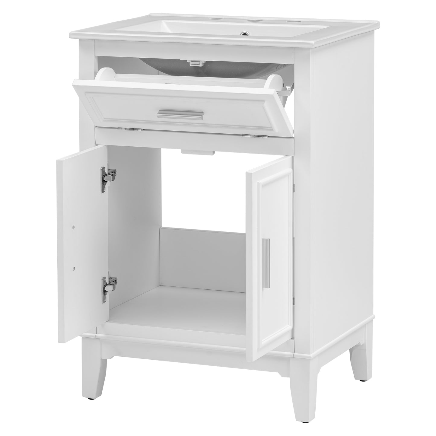 24" Bathroom Vanity with Sink, Solid Wood and MDF Cabinet with One Flip Drawer and Doors, White