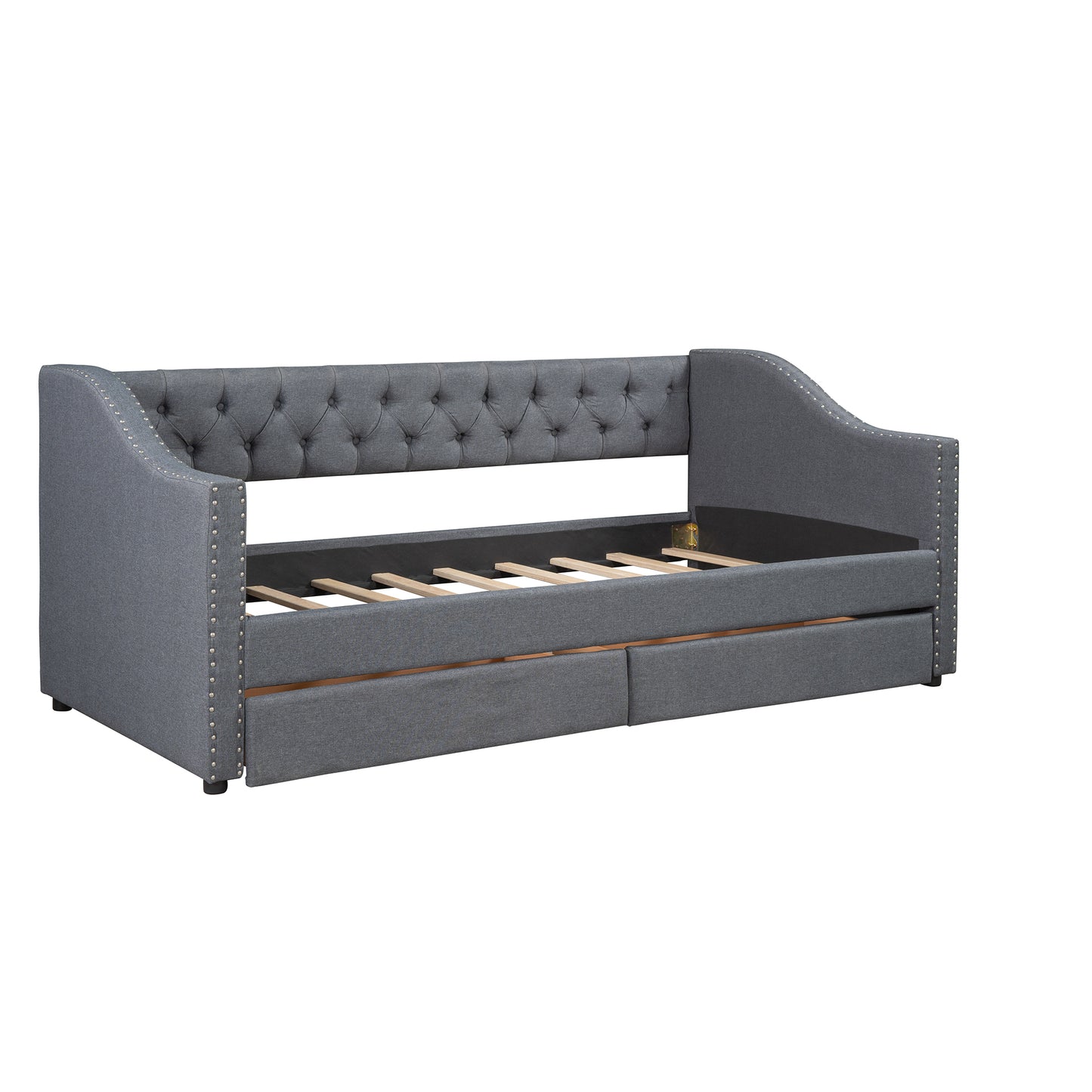 Upholstered Twin Size daybed with Two Drawers Wood Slat Support Gray