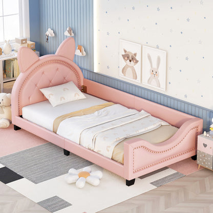 Twin Size Upholstered Daybed with Carton Ears Shaped Headboard  Pink