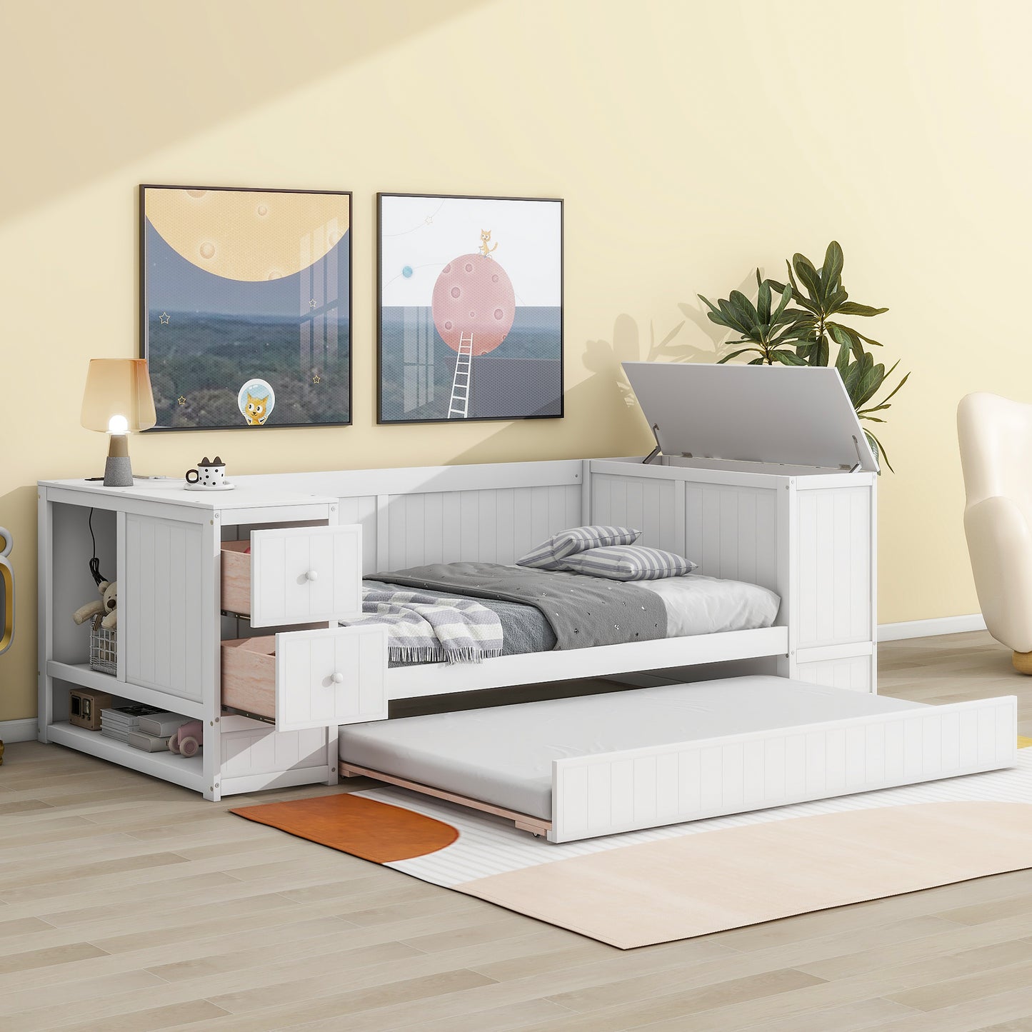 Twin Size Daybed with Storage Arms  Trundle and Charging Station White