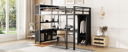 Metal Loft Bed with Wardrobe and L-Shaped Desk, Full-Size Design with Storage Cabinet and Shelf, Black