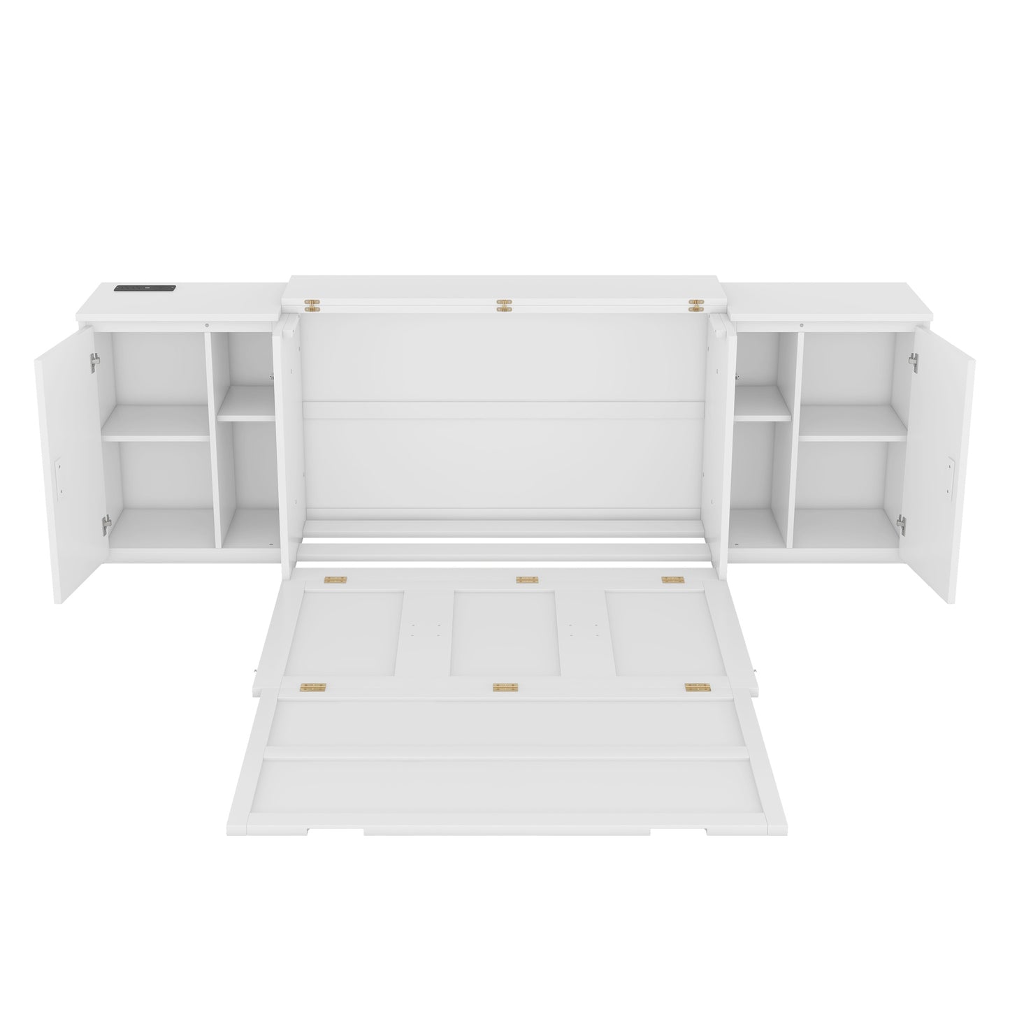 Cama plegable de tamaño completo con estantes, gabinetes y puertos USB, diseño que ahorra espacio en acabado blanco