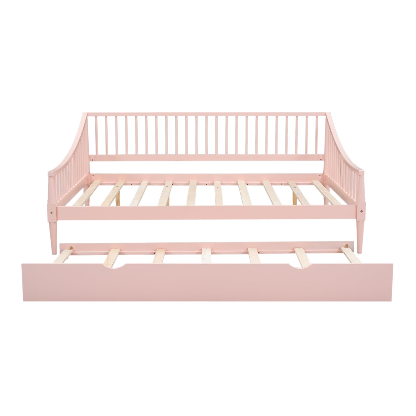 Full Size Daybed with Trundle and Support Legs, Pink Finish for Bedrooms