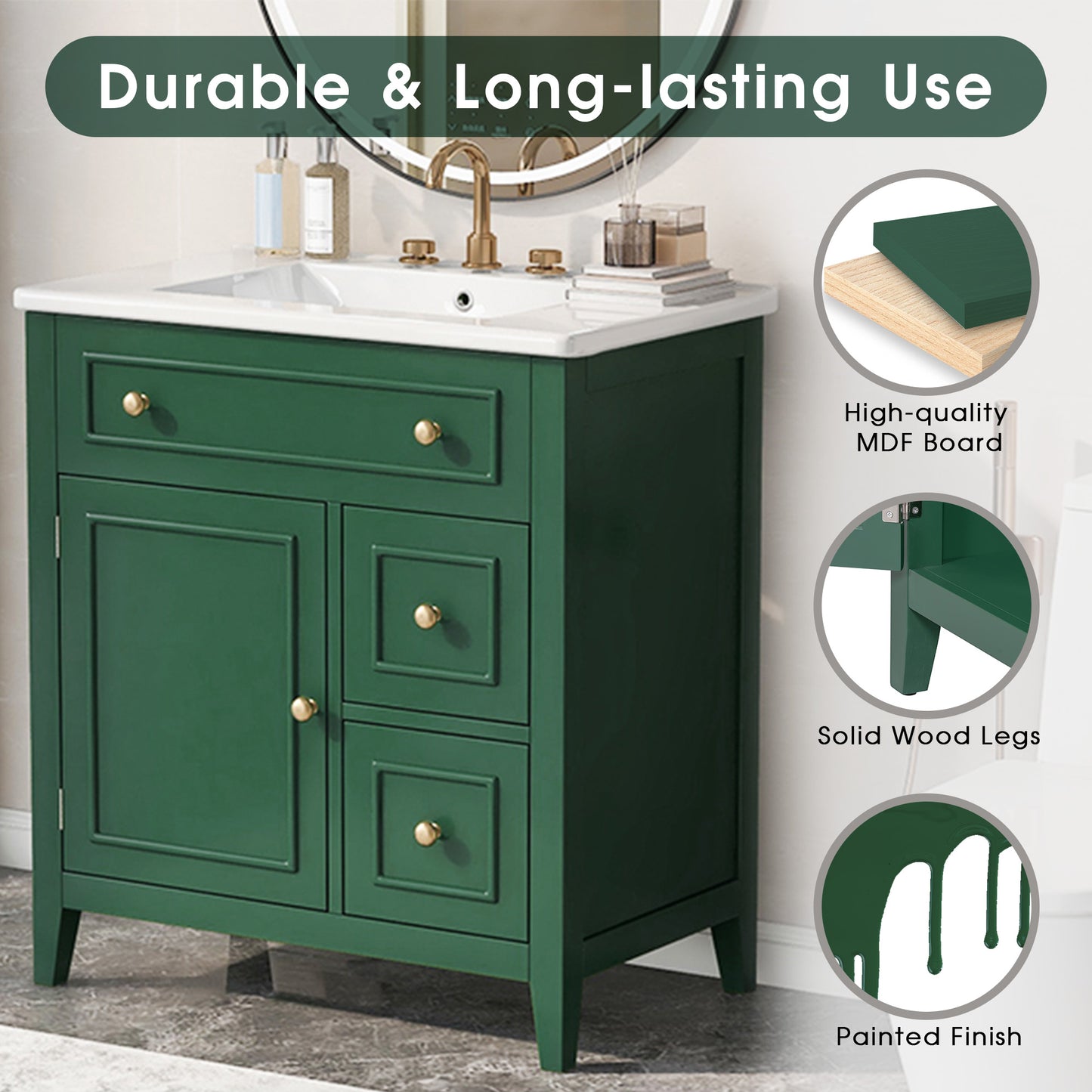 Mueble de baño de 30" con encimera de lavabo, armario de madera maciza con puerta y dos cajones, color verde