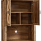 76-Inch Tall Rustic Oak Farmhouse Kitchen Faux Rattan Wine Cabinet with Square Compartments and Shelves