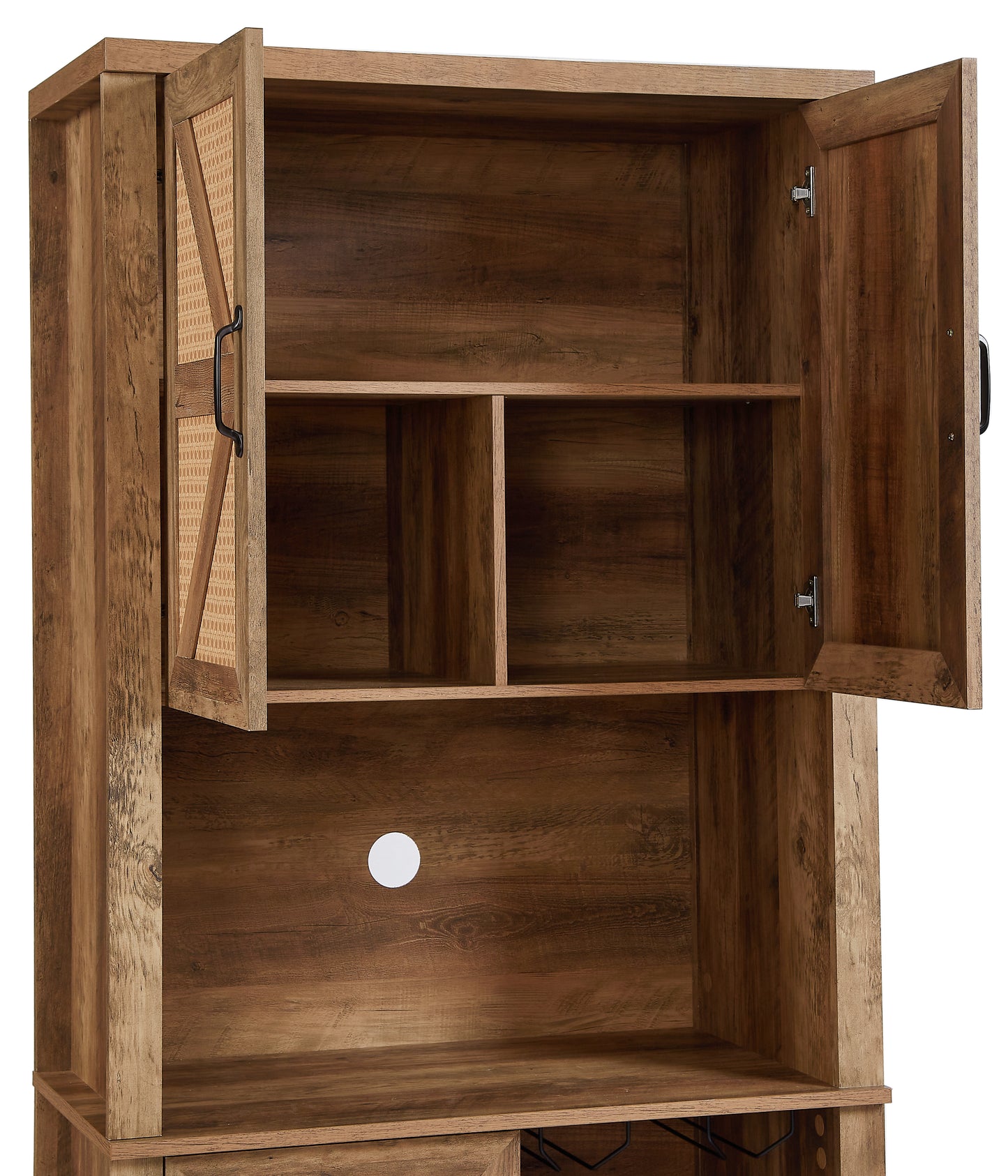 76-Inch Tall Rustic Oak Farmhouse Kitchen Faux Rattan Wine Cabinet with Square Compartments and Shelves