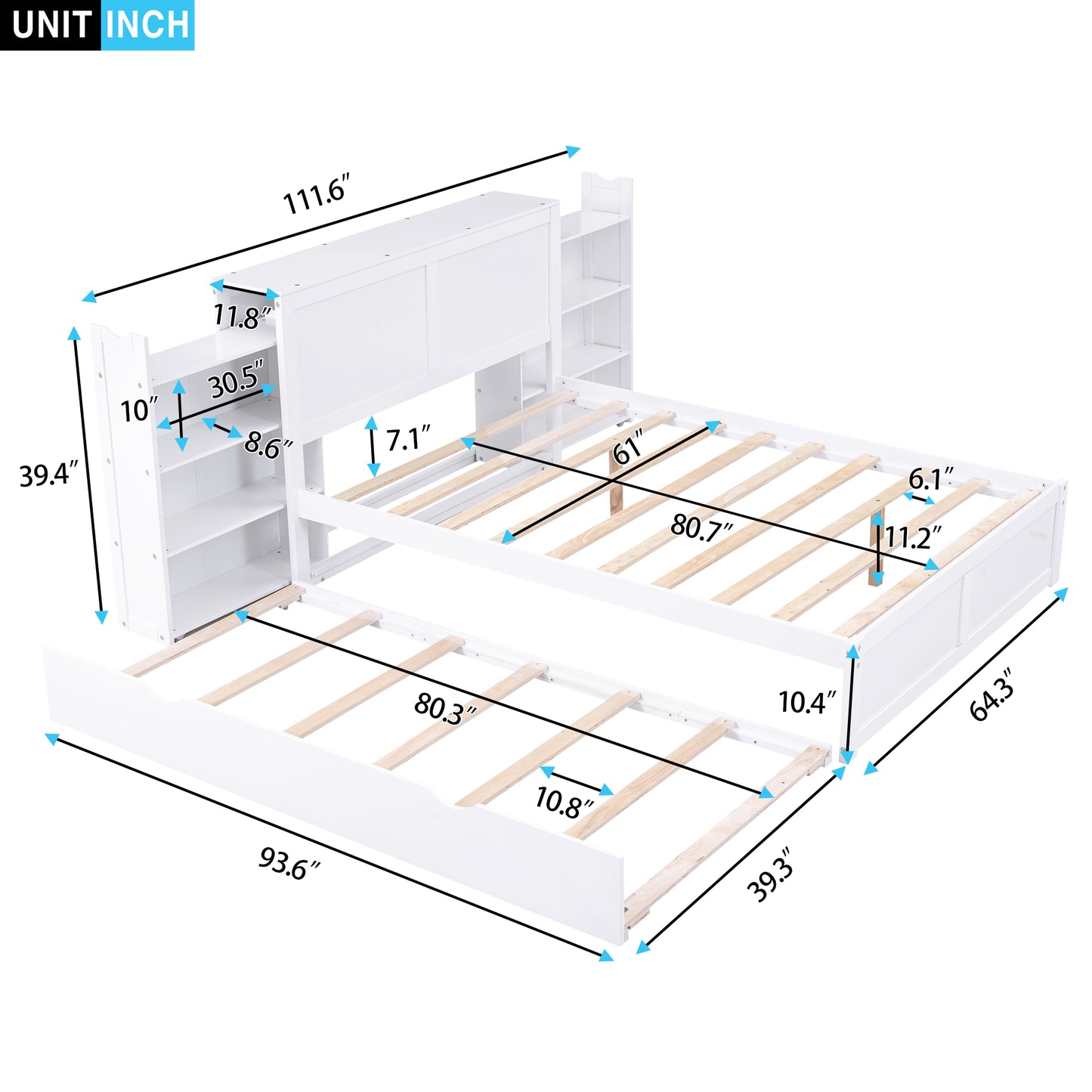 Queen Size Storage Platform Bed with Pull Out Shelves and Twin XL Size Trundle  White