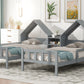 Double Twin Size Platform Bed with House-shaped Headboard and a Built-in Nightstand  Grey