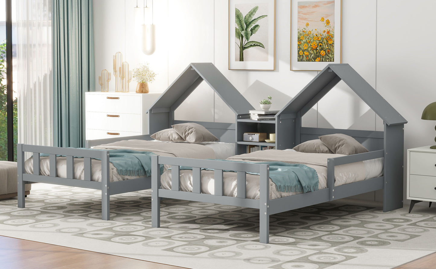 Double Twin Size Platform Bed with House-shaped Headboard and a Built-in Nightstand  Grey