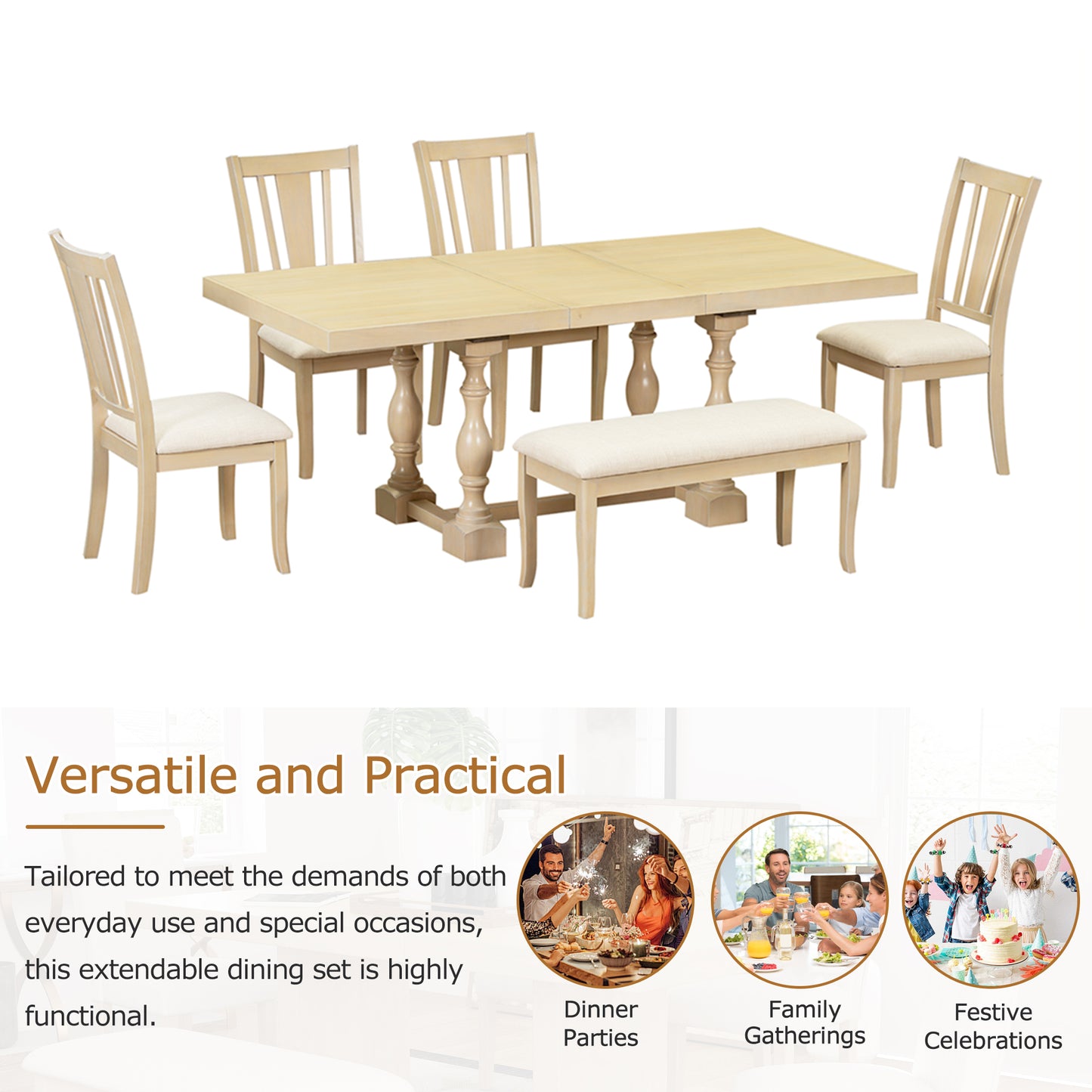 Traditional 6-Piece Trestle Extendable Dining Table Set with Removable Leaf, Padded Chairs, and Bench, Natural Finish