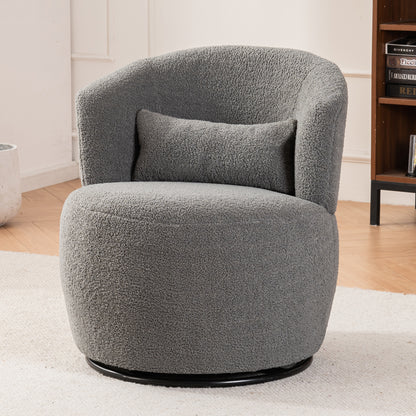 Sillón giratorio de felpa gris con base de metal y rotación de 360°, diseño contemporáneo para salas de estar