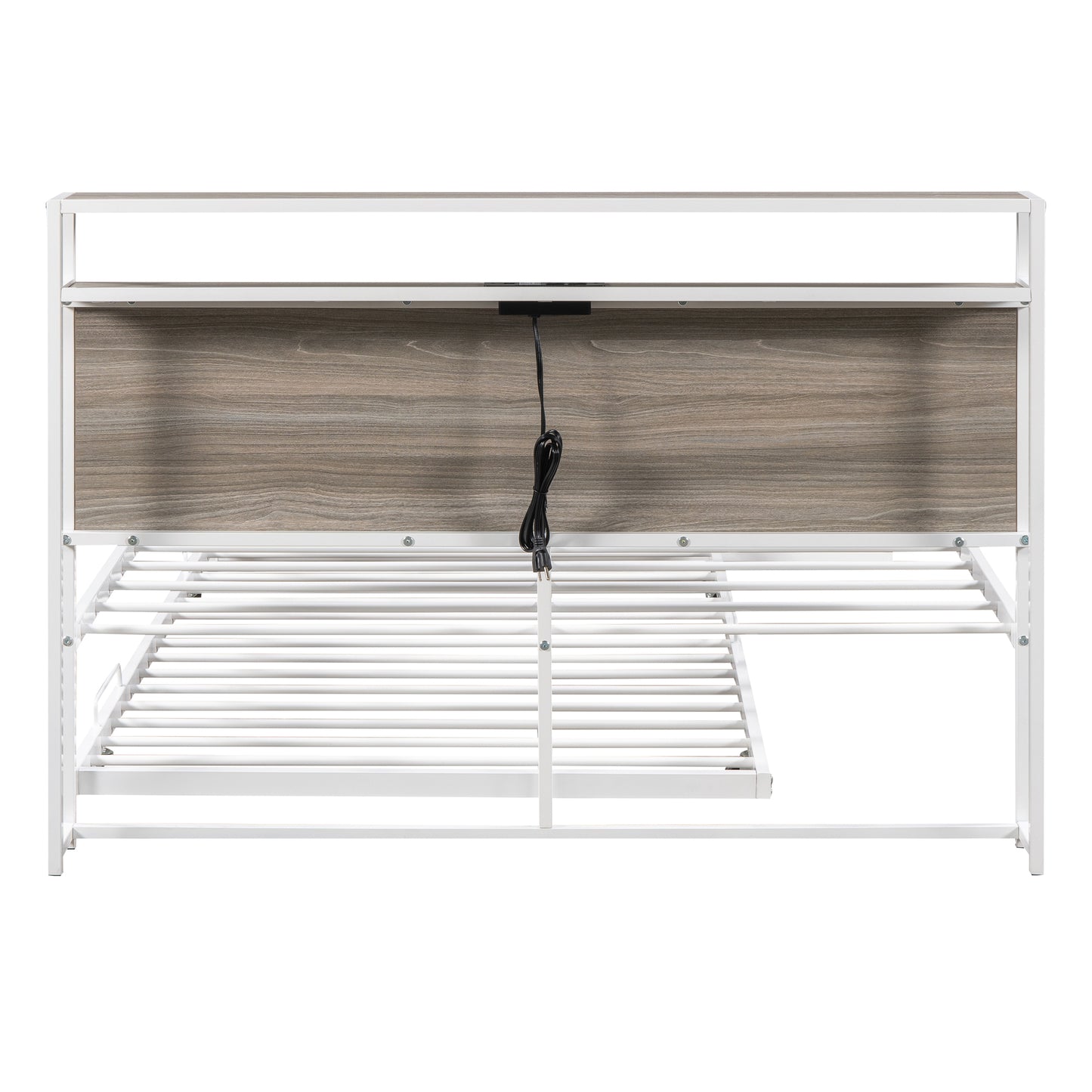 Full Size Metal Platform Bed Frame with Trundle, USB Ports and Slat Support No Box Spring Needed White