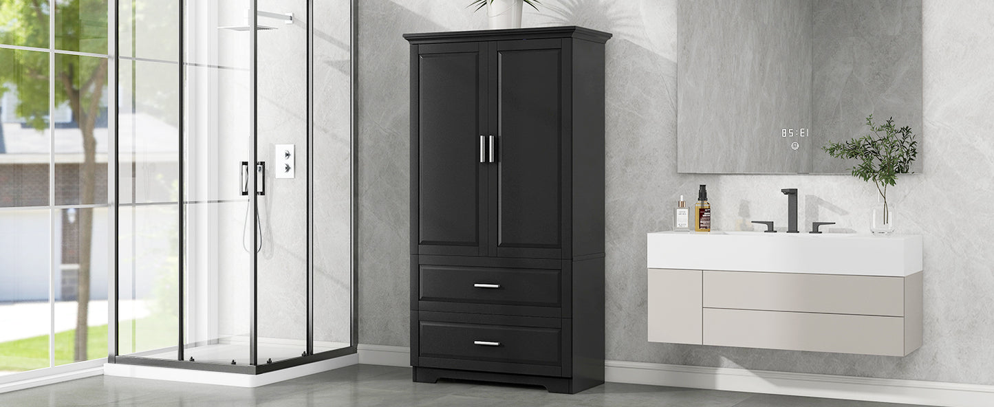 Tall Bathroom Storage Cabinet with Two Doors and Drawers, Adjustable Shelf, MDF Board, Black Finish