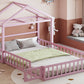 Wooden Full Size Children's Bed with Detachable Headboard and Integrated Clothes Drying Rack, Pink