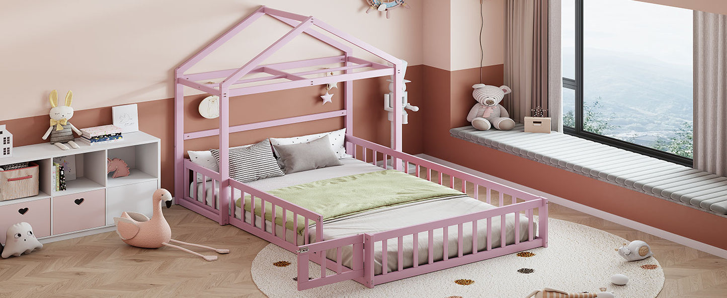 Wooden Full Size Children's Bed with Detachable Headboard and Integrated Clothes Drying Rack, Pink