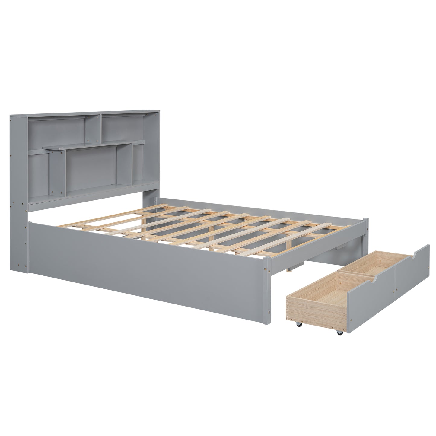 Queen Size Platform Bed with Storage Headboard and 2 Drawers, Gray