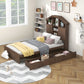 Twin Size Wood Platform Bed with House-shaped Storage Headboard and 2 Drawers Walnut