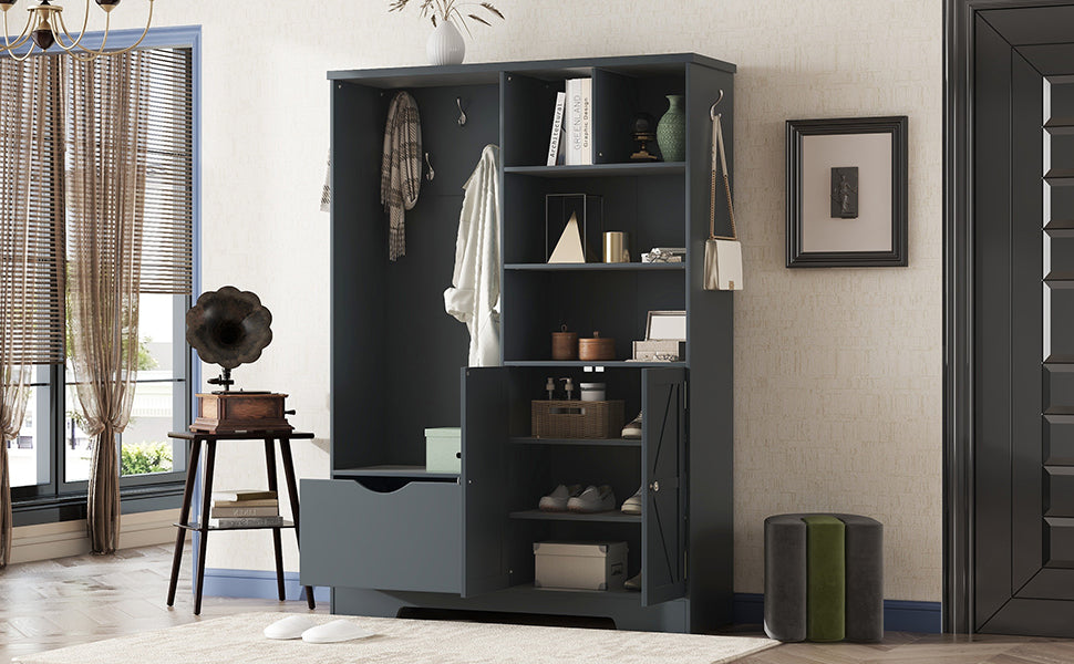 Multi-functional Hall Tree with Storage Shelves Drawers and Cabinet, Elegant Hallway Shoe Cabinet with Bench Antique Blue