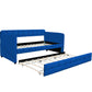 Blue padded twin beds with wheels, velvet fabric, no need for springs