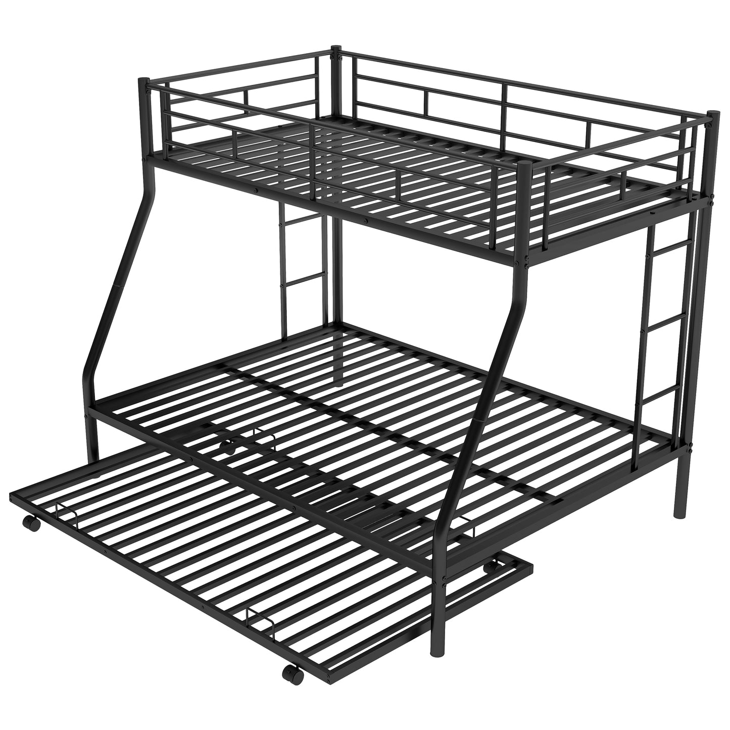 Twin over Full Bed with Sturdy Steel Frame Bunk Bed with Twin Size Trundle  Two-Side Ladders  Black