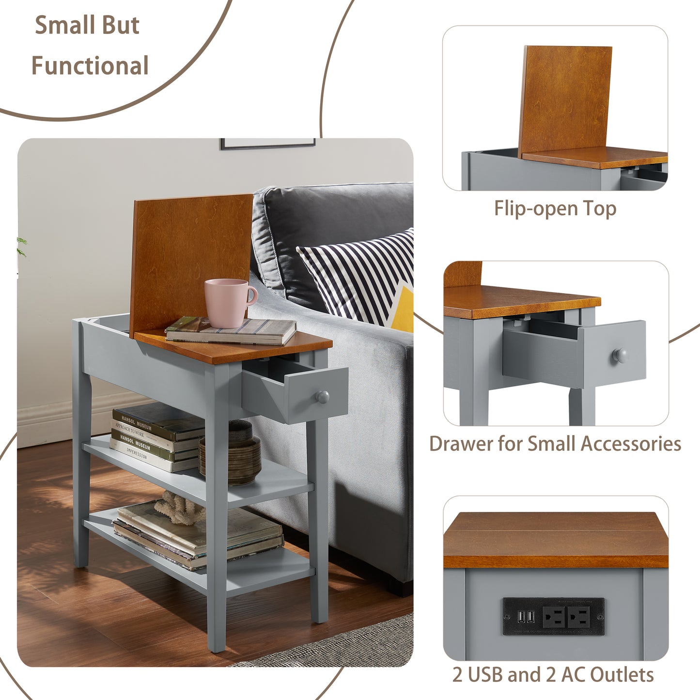 Narrow 2-tone End Table with USB Charging Ports for Small Space SOLID WOOD Table Legs Gray and Walnut